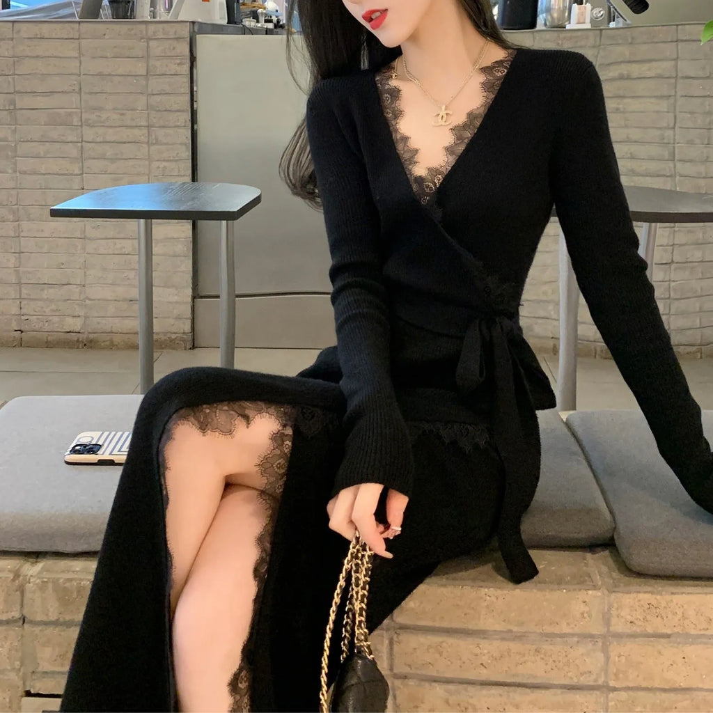 Women's slim fit black woolen skirt with princess dress cut
