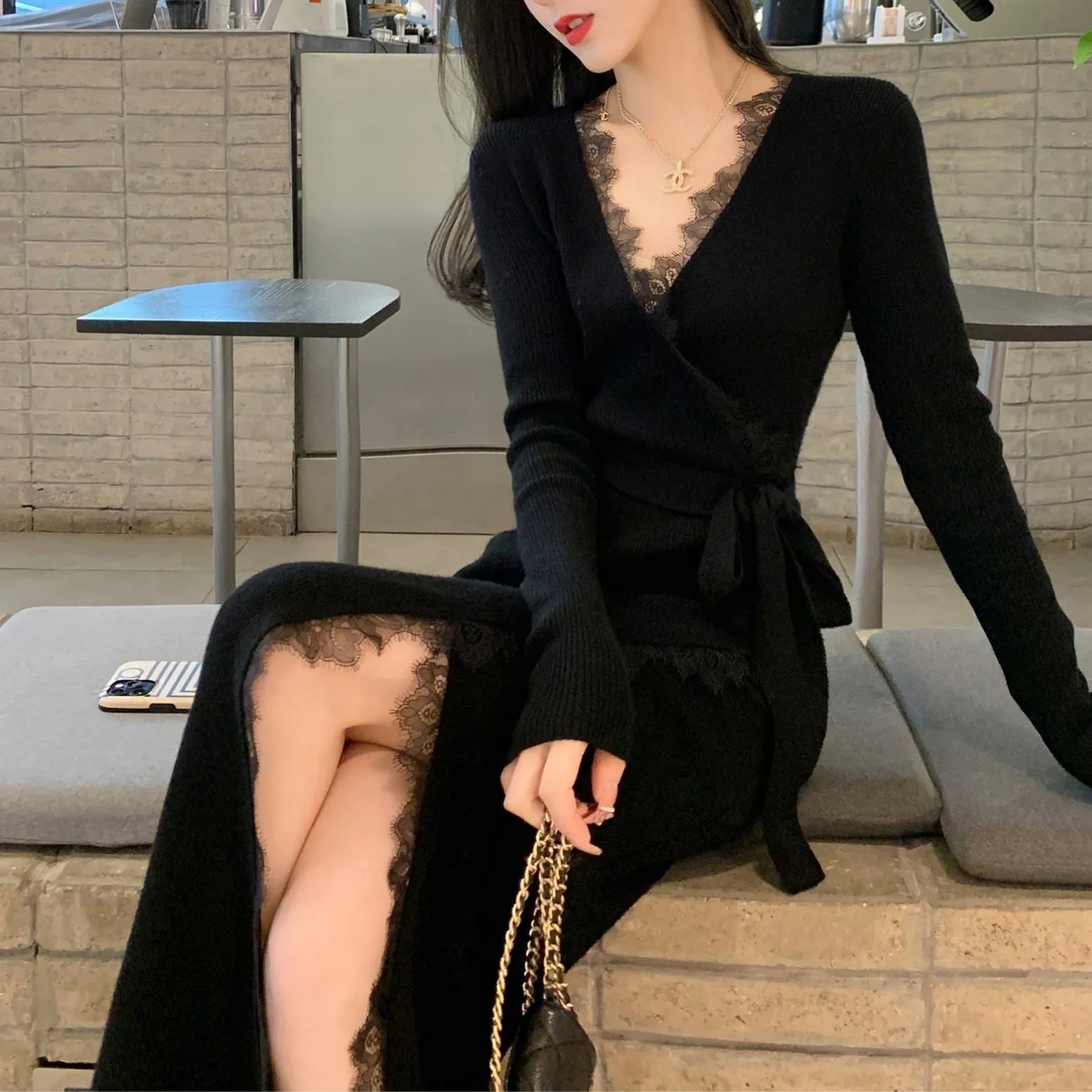 Women's slim fit black woolen skirt with princess dress cut