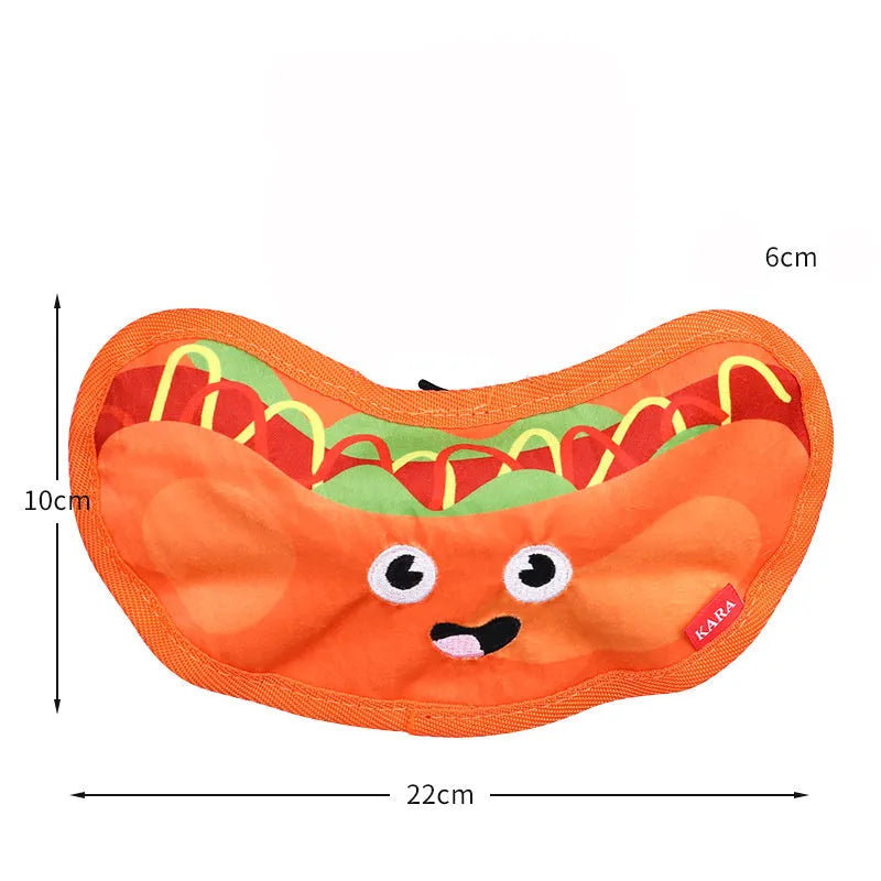 Crinkle and squeaky dog toys in hamburger, fries, hot dog and pizza designs without stuffing