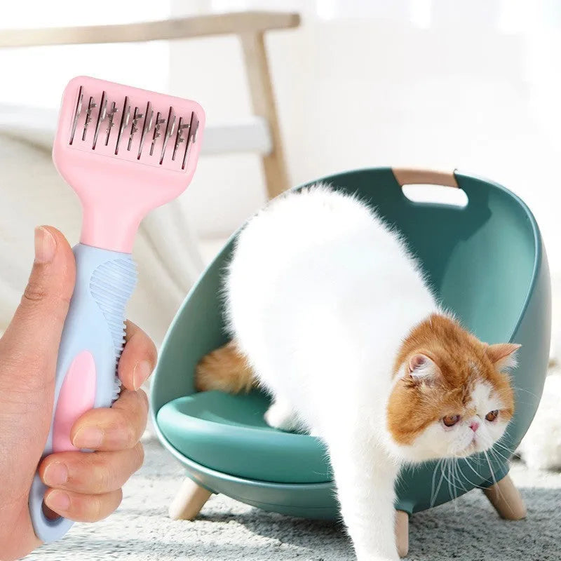 Pink stainless steel dog grooming comb with massage function and knot knife for pet fur care