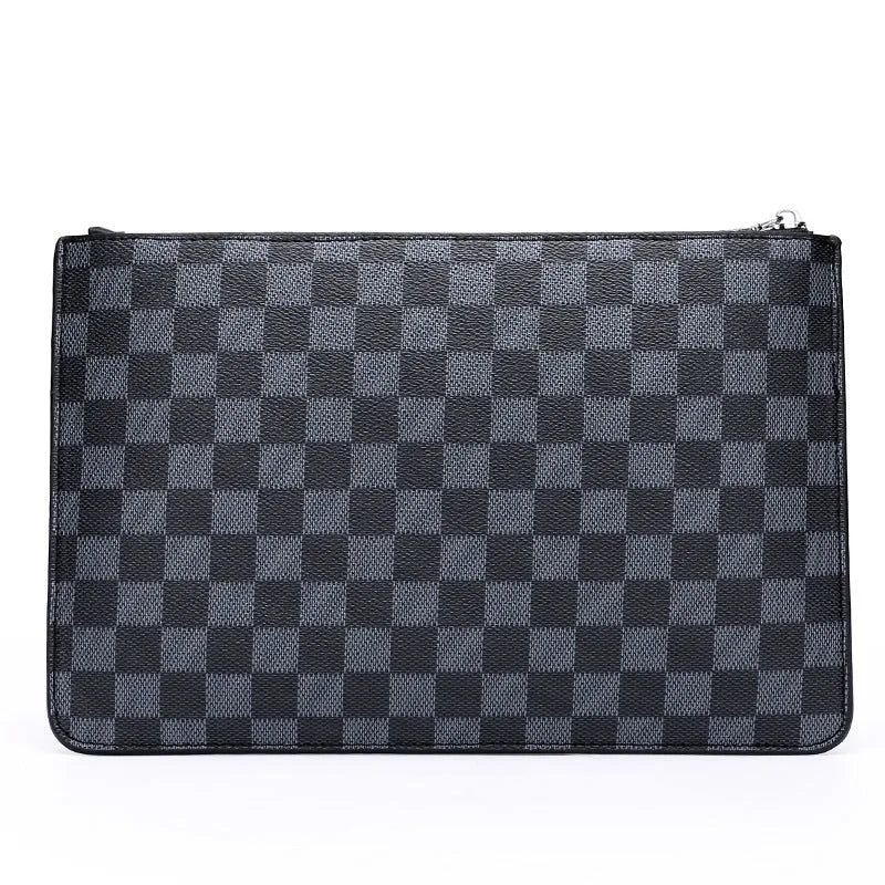 Men's soft black checkered PU leather clutch wallet showing card slots and zipper pocket
