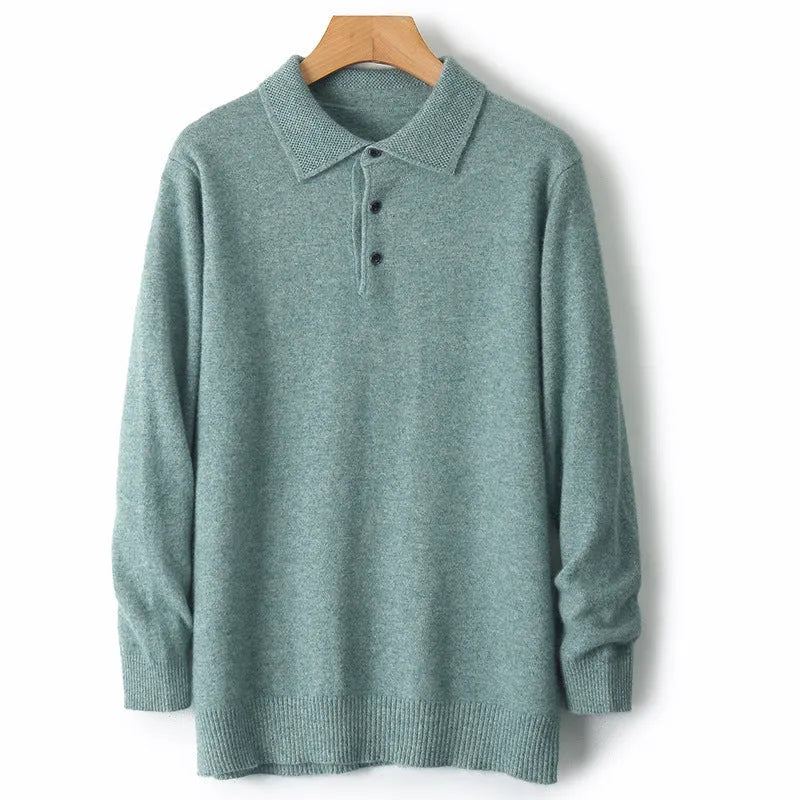 Men's grey wool polo collar sweater on a hanger, showing long sleeves and smart collar detail
