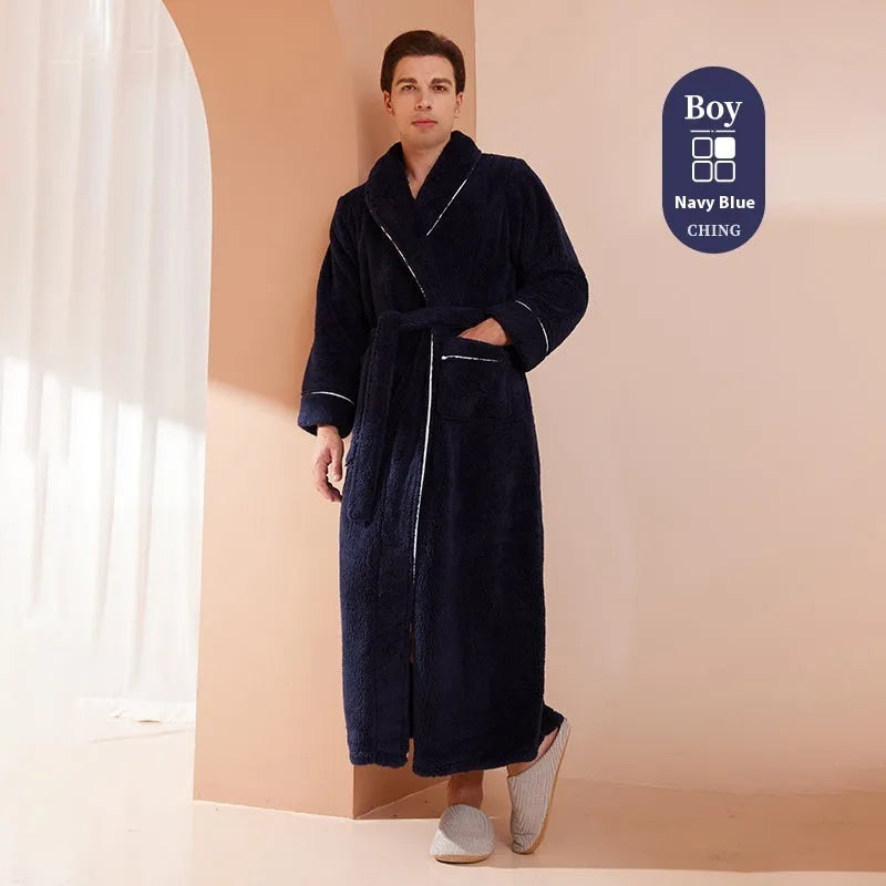 A man and woman wearing matching thickened flannel couple's bathrobes in a winter colour.