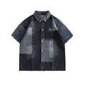 Blue Japanese-style retro denim shirt for men with loose cardigan fit and washed stitching