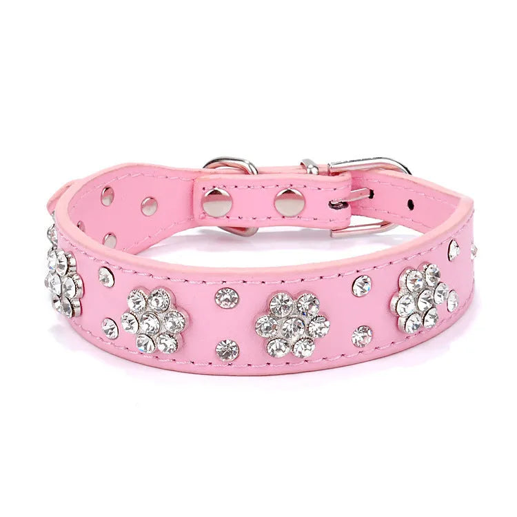 Black PU leather dog collar with silver rhinestone flower pattern and studs, shown on a small dog.
