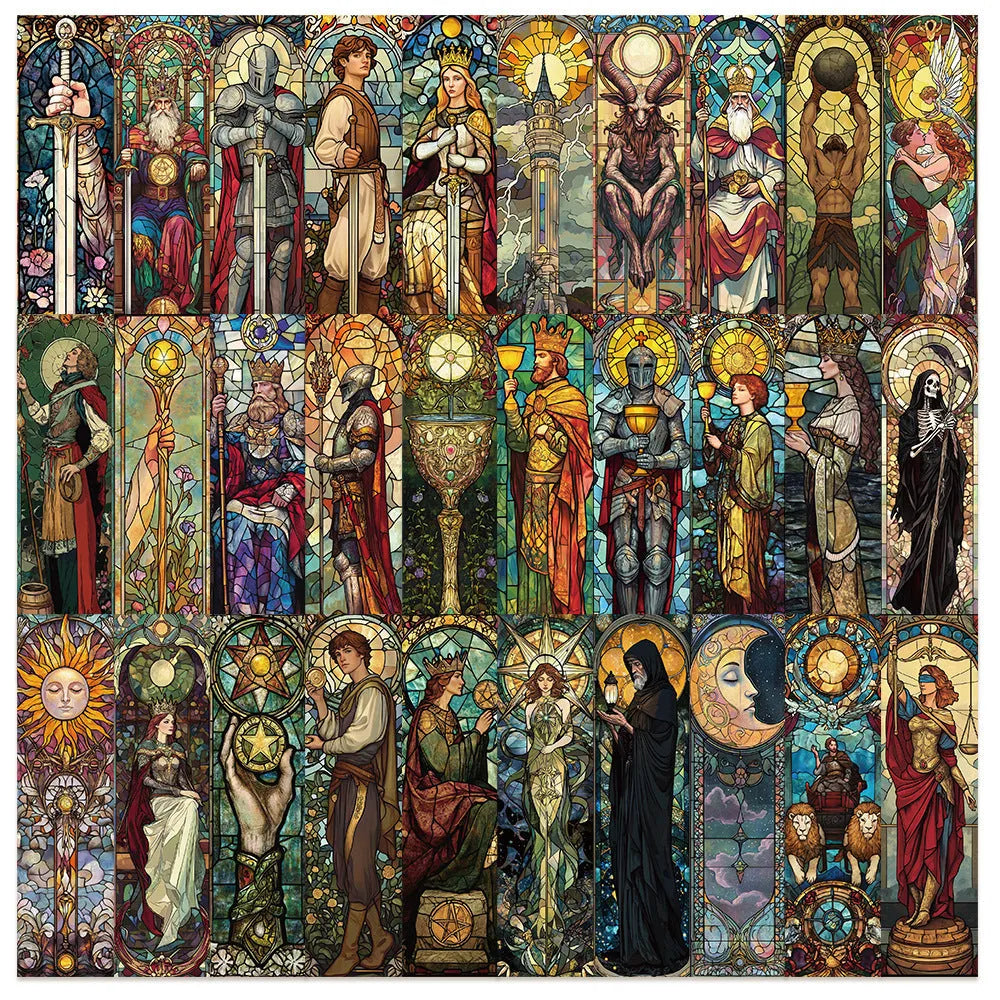 Pack of 30 colourful tarot-themed paper bookmarks with cute designs.