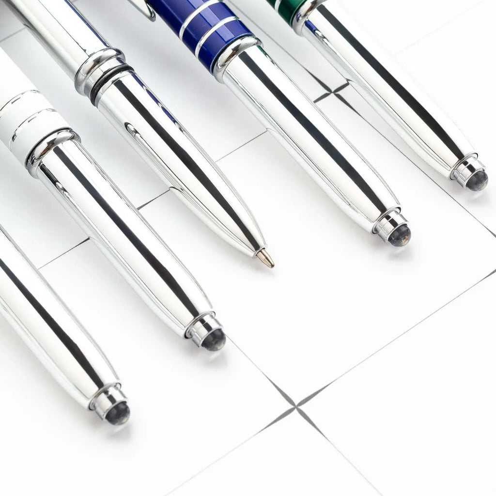 Metal multifunctional pen with capacitive stylus tip and LED light in five colour options