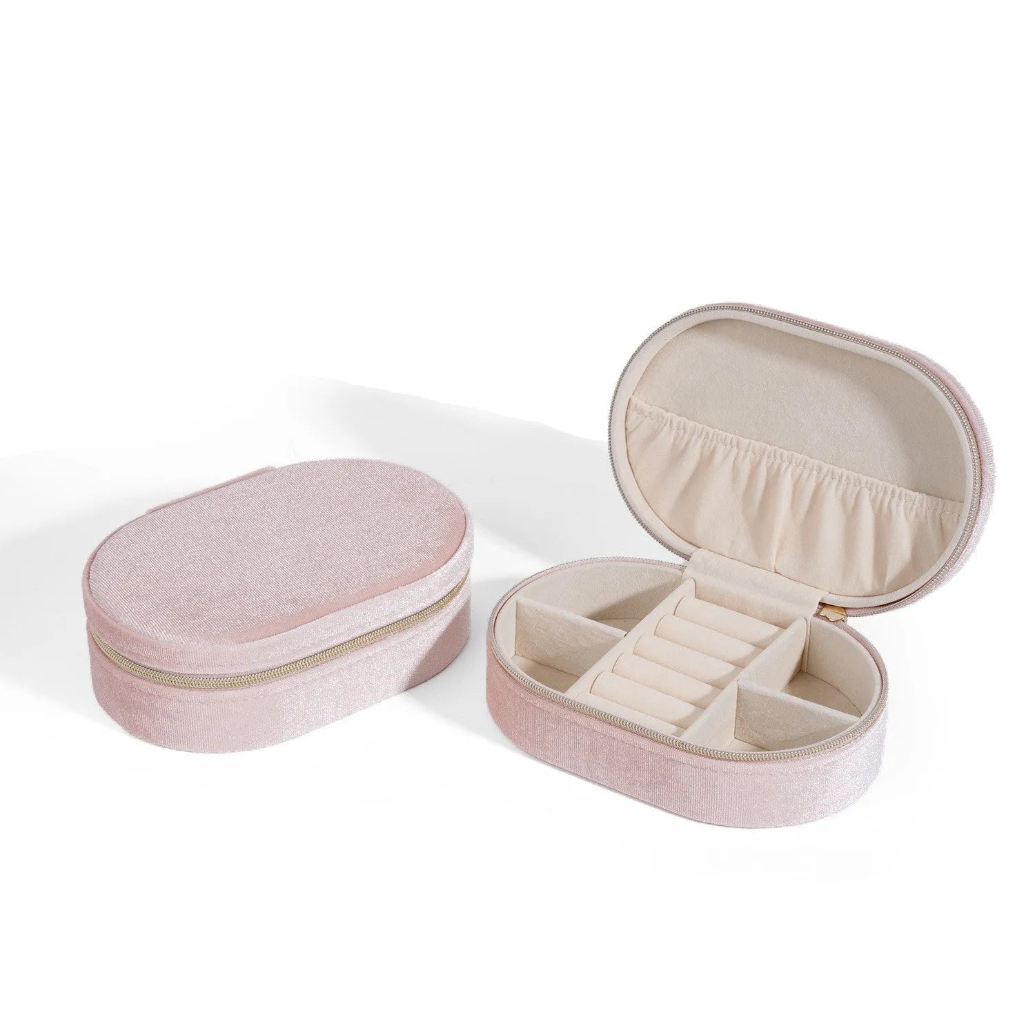 Oval velvet jewellery storage box in lake blue colour with flannel lining, shown with internal hook