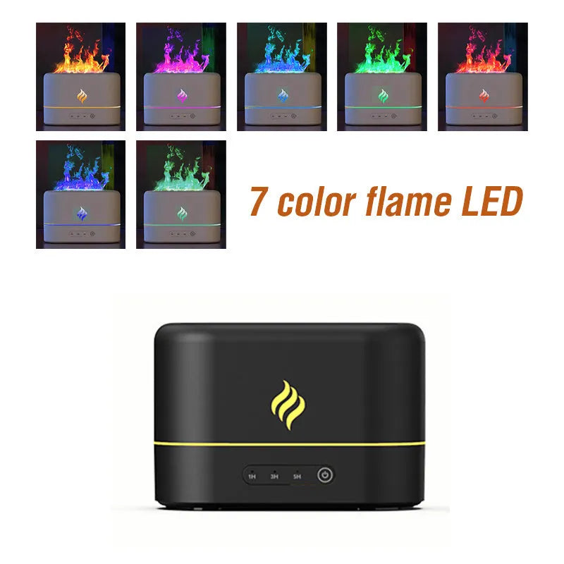 Black and white USB humidifier showing seven-colour flame light effect on a desk.