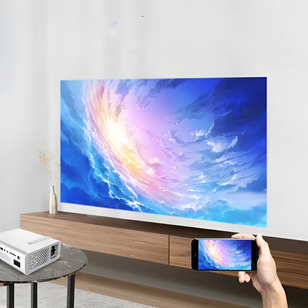 YG530 mini mobile phone projector in black or white with wireless connectivity and LED lens