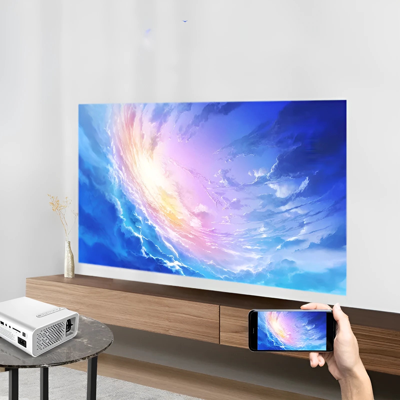 YG530 mini mobile phone projector in black or white with wireless connectivity and LED lens