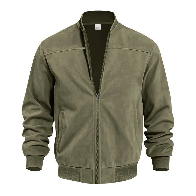 Men's plus size suede zipper jacket in army green with cotton lining, shown in regular fit.