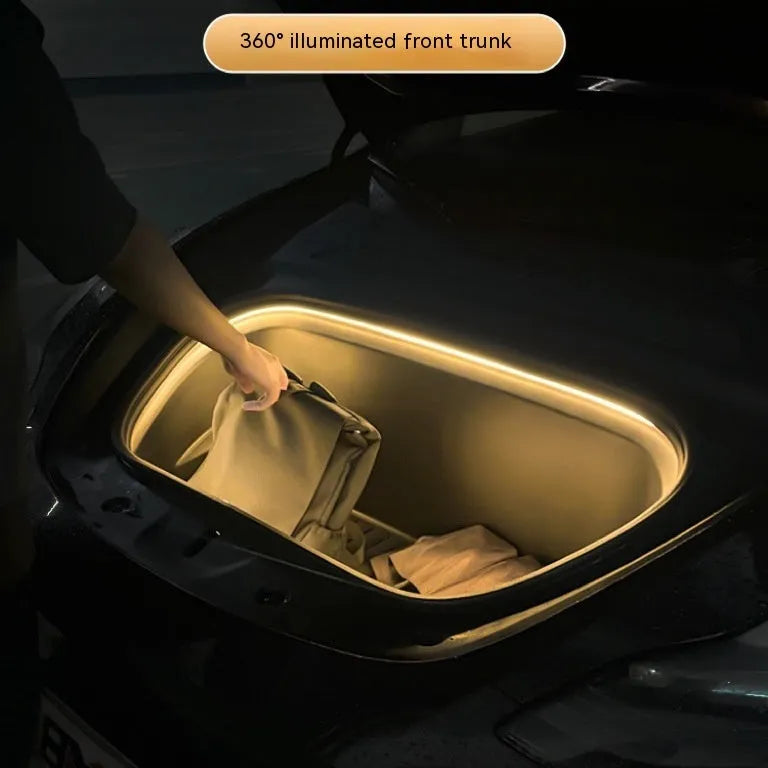 Tesla Model 3 and Y front backup box ambient lighting kit with soft silicone light bar in choice of colours