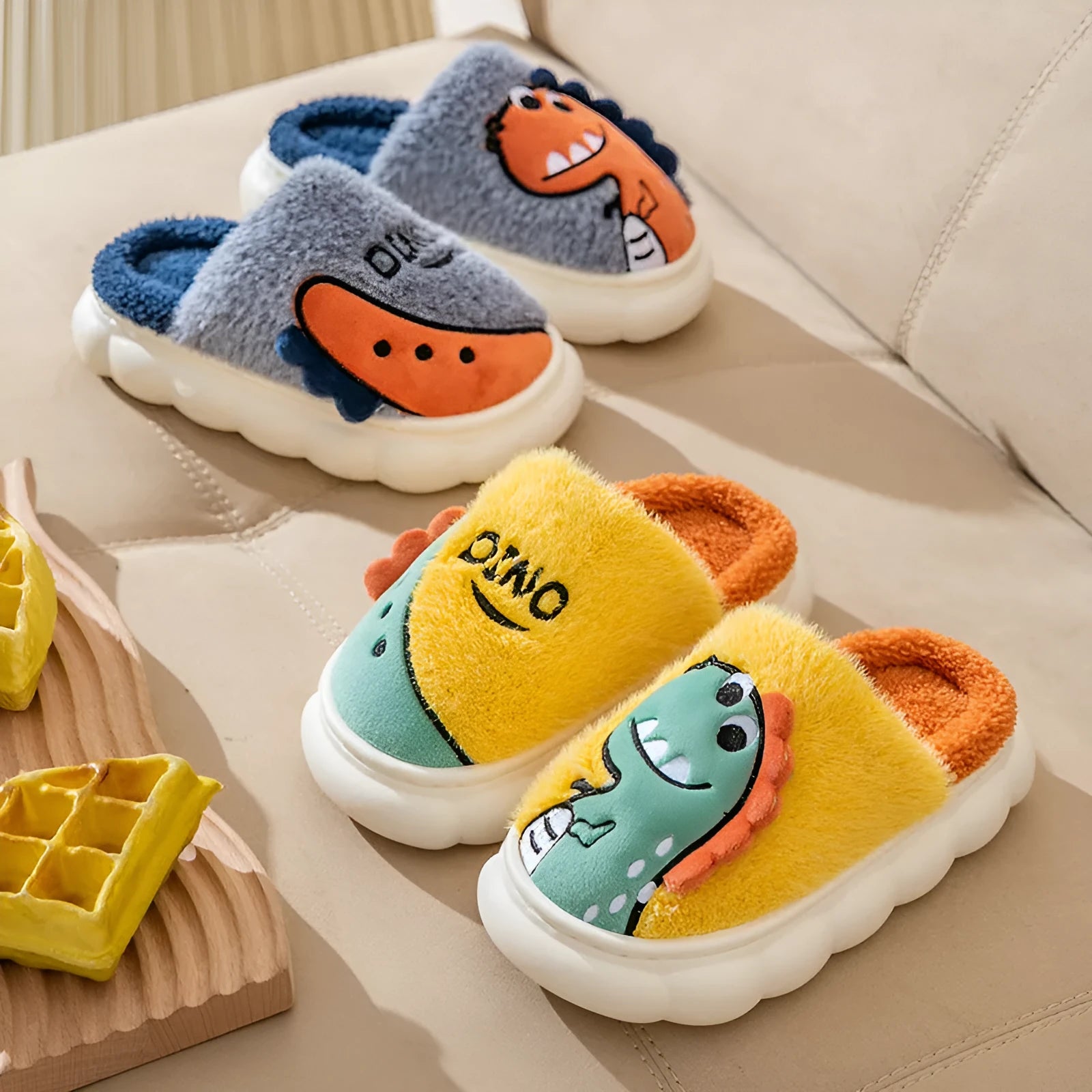 Cotton plush dinosaur couple slippers in three colour options with thickened sole for indoor winter wear
