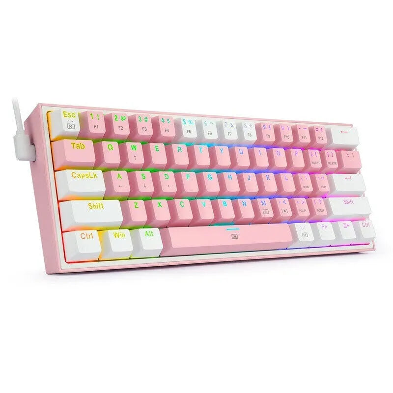 White and pink K617 mechanical keyboard with RGB backlit keys on a desk.