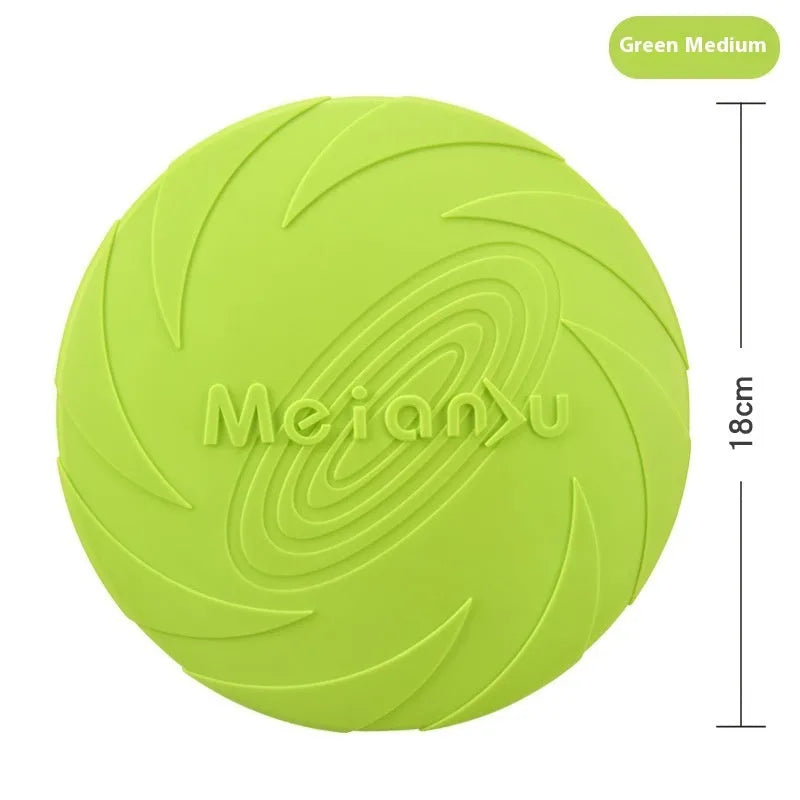 Dogs Base soft rubber dog frisbee toy in red, blue, and green colours shown in small, medium, and large sizes.