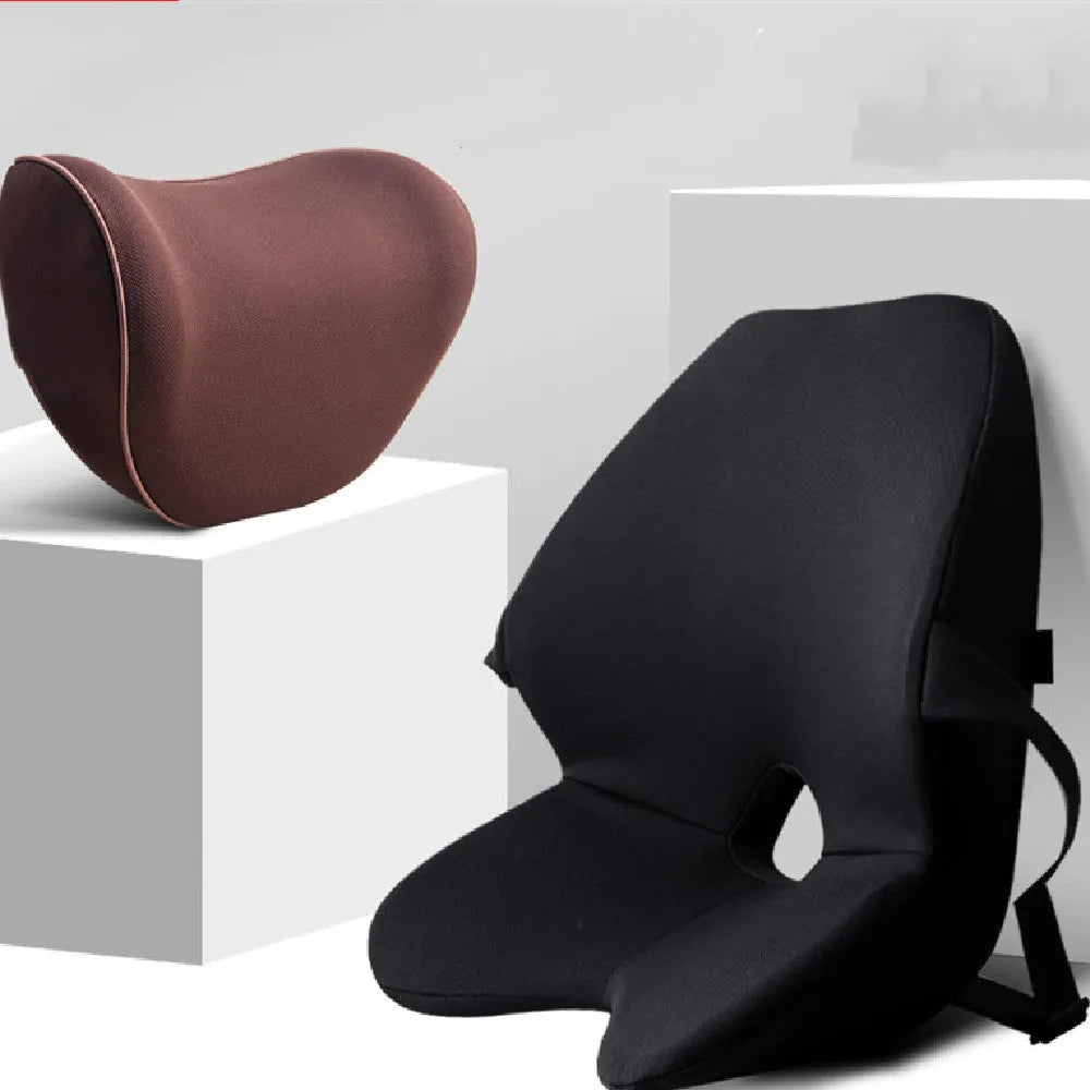 Memory foam car seat cushion and optional headrest in beige colour on a car seat