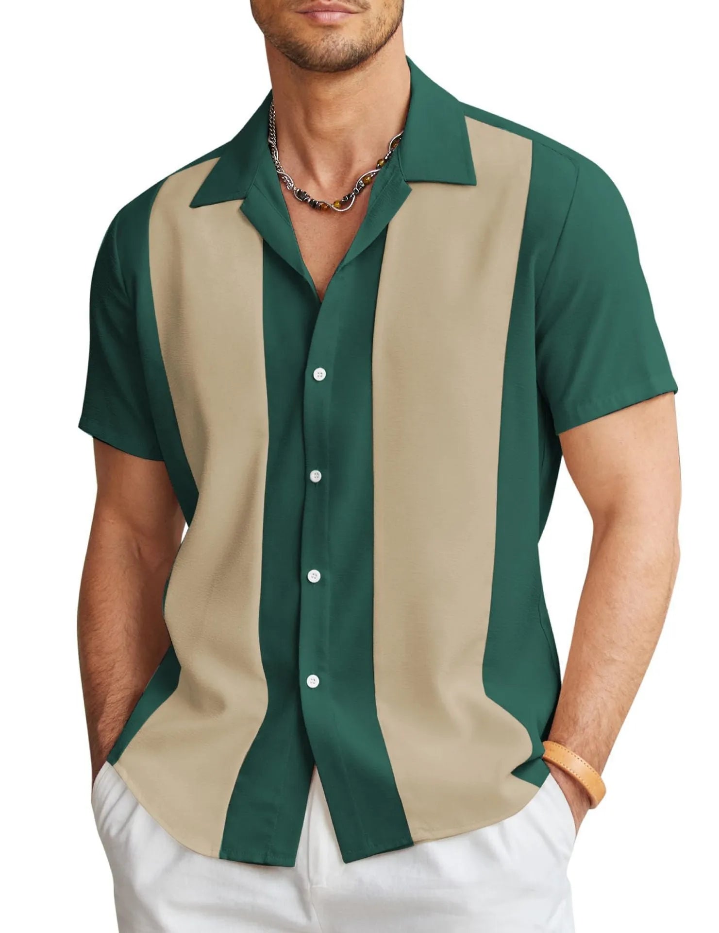 Men's slim fit Hawaiian shirt with digital printed pattern on four-way elastic polyester fabric