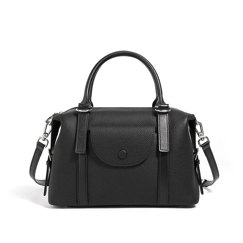 Genuine leather ladies handbag with contrast stitching and metal lock detail
