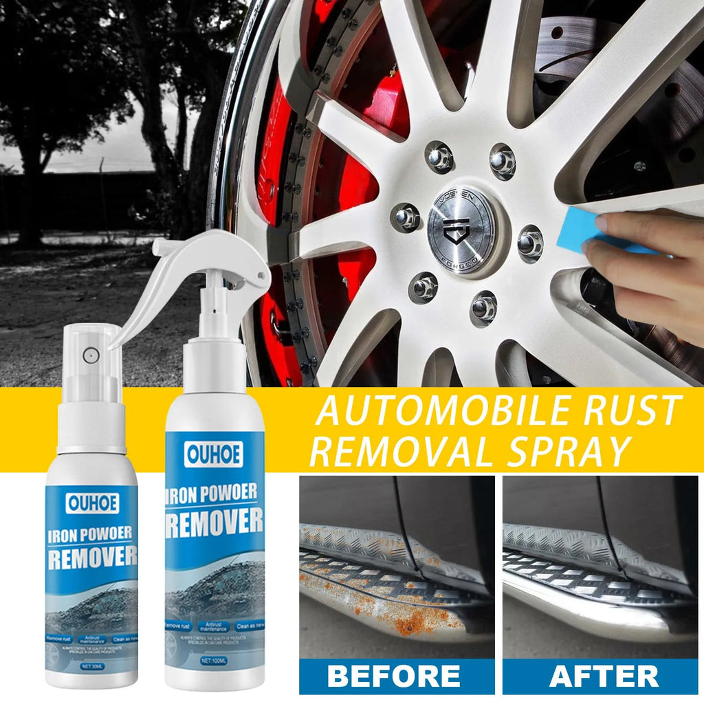 Automotive iron powder rust spray with blue square sponge and towel applicators in 30ml and 100ml sizes