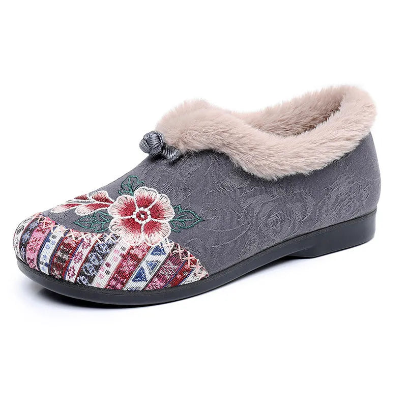 Flat bottom embroidery flowers cotton shoes for women, PVC sole, round toe, available in multiple colours