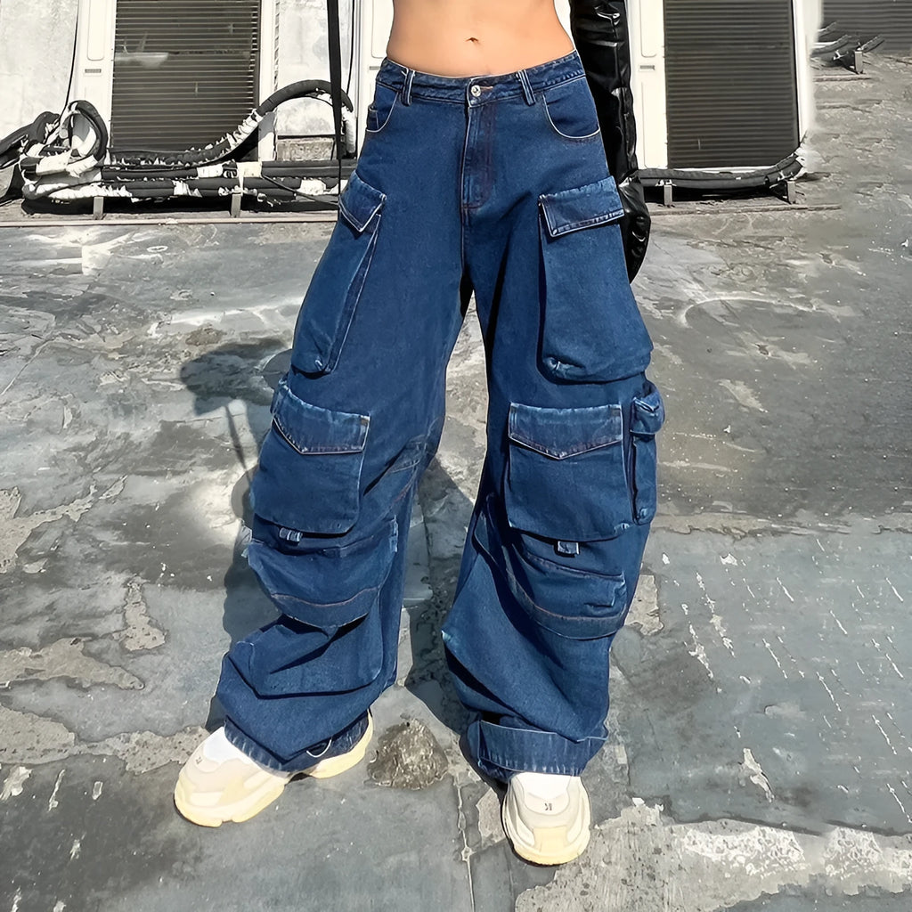Dark blue wide-leg jeans with distressed detailing, high waist, and multiple pockets on mannequin