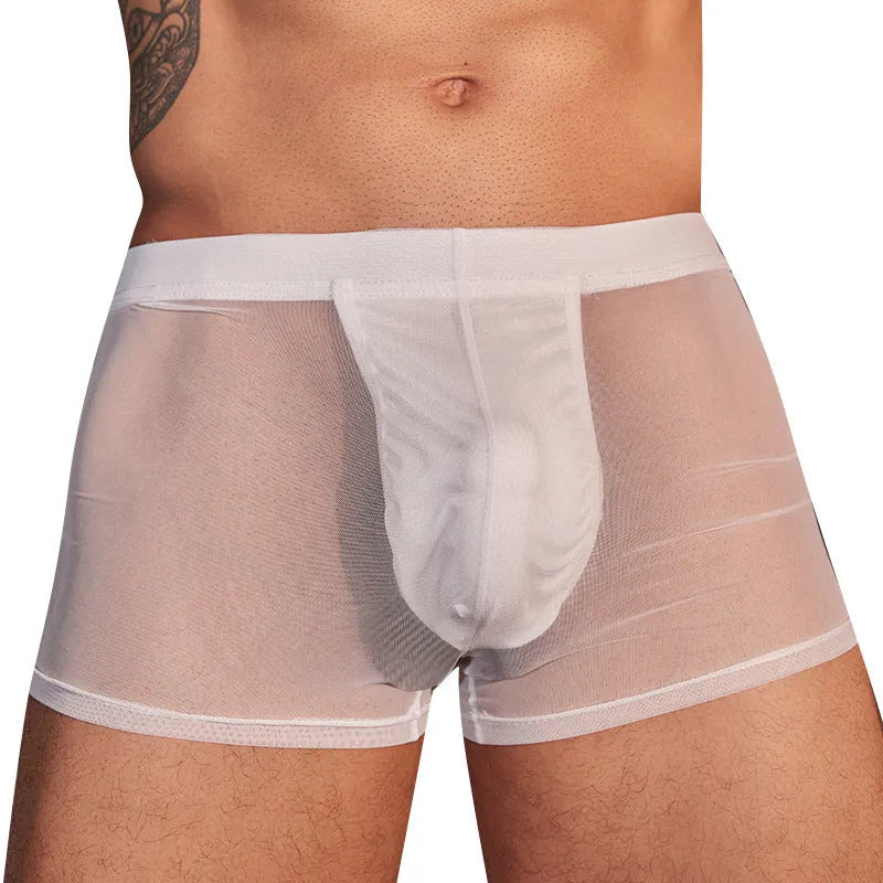 Black and white men's ultra-thin nylon boxer briefs laid flat, showing free size fit.