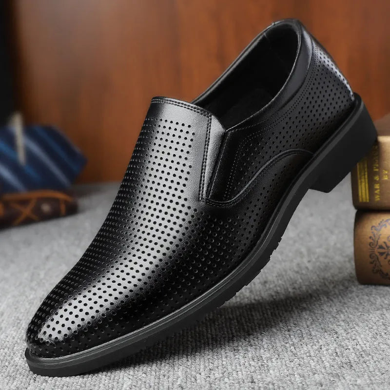 Men's black business casual slip-on shoes with leather toe cap and rubber sole
