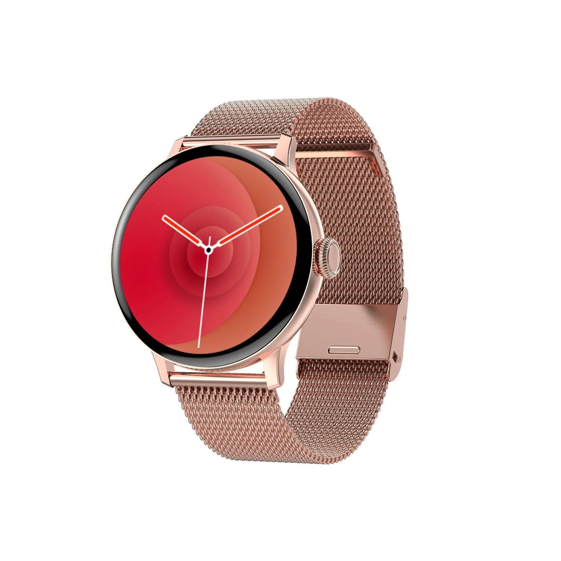 Bluetooth smart bracelet with round screen on a black metal bracelet strap, showing heart rate data.
