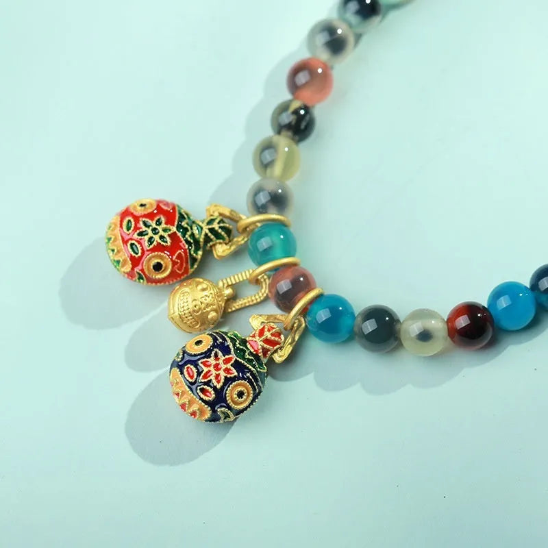Natural colourful sugar heart agate and coloured glaze copper coin snake bracelet for women