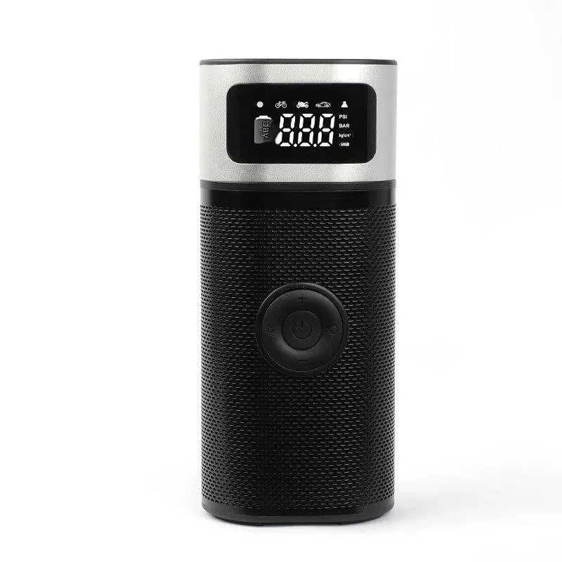 Black portable wireless smart air pump with USB Type-C charging cable, 15cm tube, and multiple inflation nozzles.