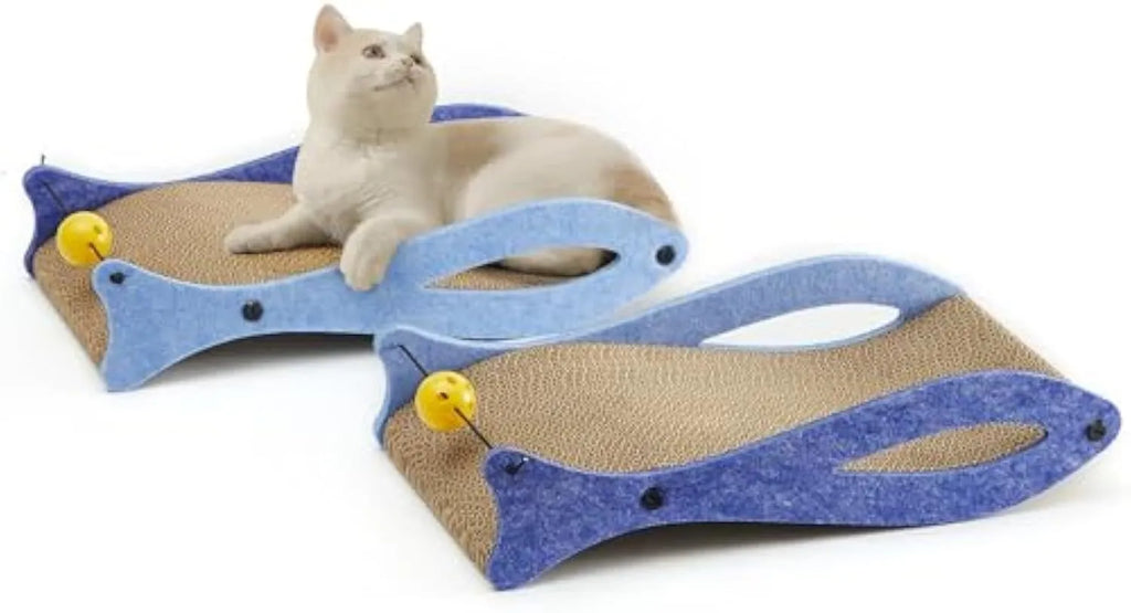 Blue fish-shaped cat scratcher with cardboard lounge area and hanging ball toys