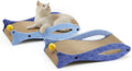 Blue fish-shaped cat scratcher with cardboard lounge area and hanging ball toys