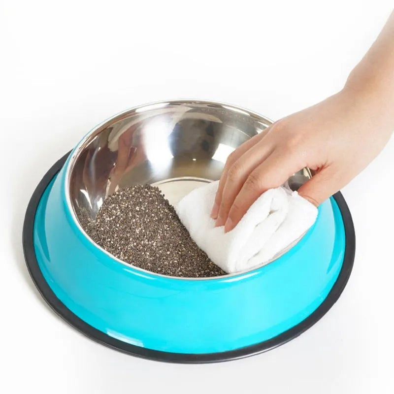 Stainless steel pet bowl with colourful melamine base and non-slip rubber ring in multiple colour options