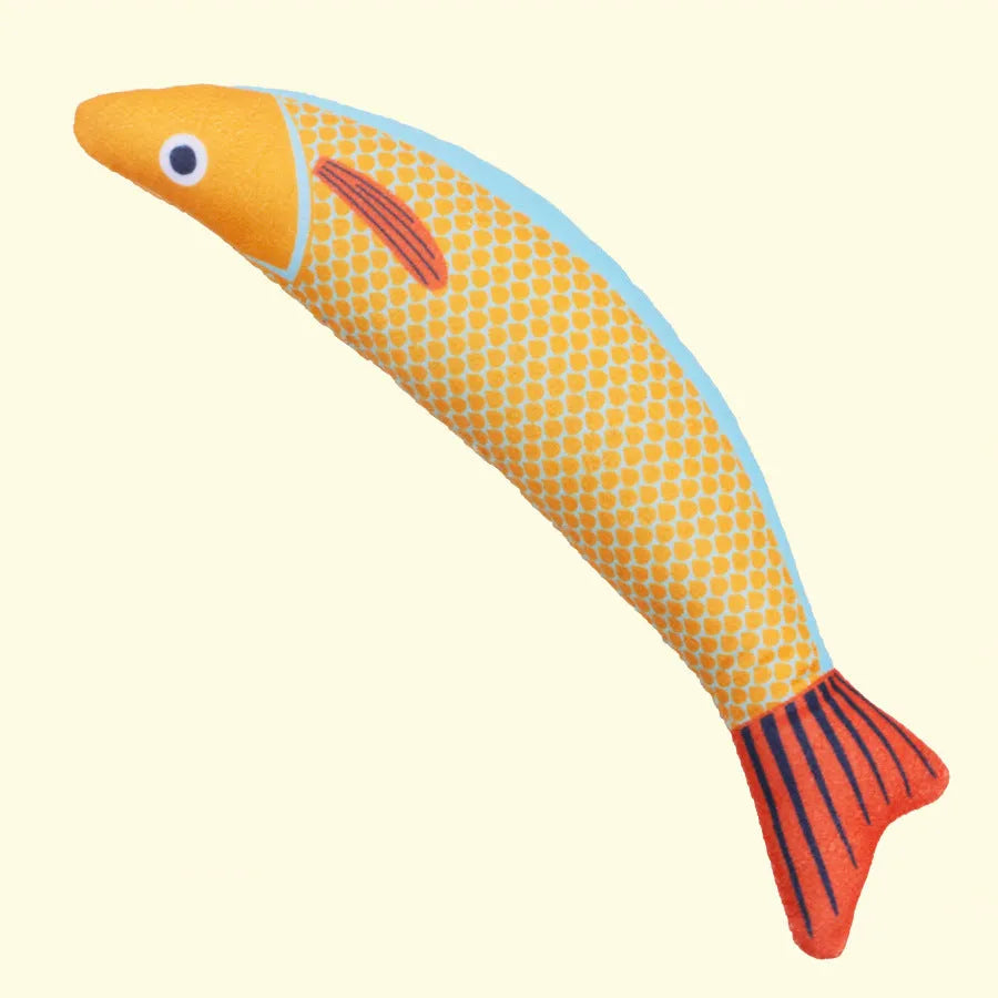 Soft plush fish-shaped cat toy with organic catnip filling in green, orange and yellow colour options
