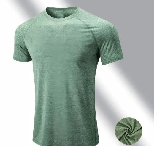Men's grey quick-dry stretch running t-shirt on a hanger.