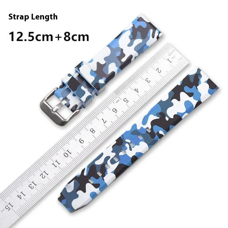 Green camouflage silicone watch strap showing flat head design and buckle, with 20mm 22mm 24mm size options.