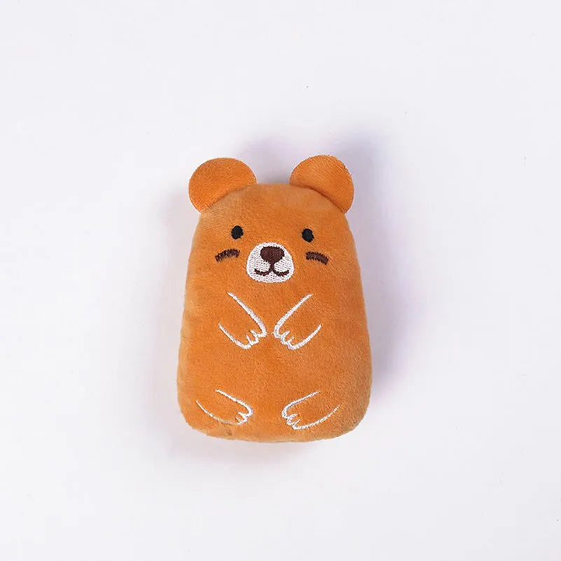 Small plush catnip toy with vocal feature for feline teeth grinding and claw play