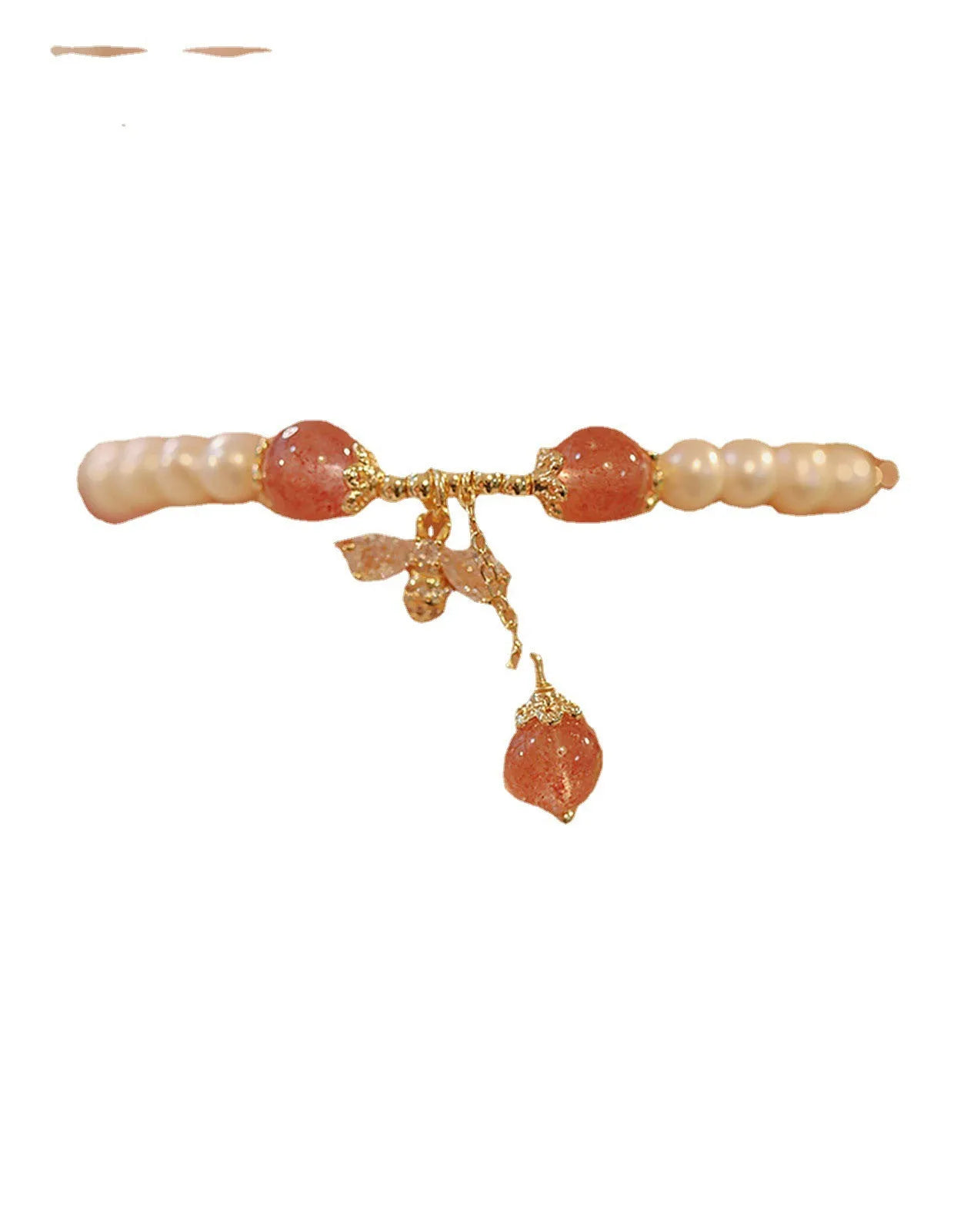 Women's crystal bracelet with strawberry quartz pearls and bow design