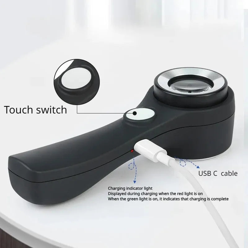 Black USB-C rechargeable magnifying glass for jewellery and tobacco appraisal.