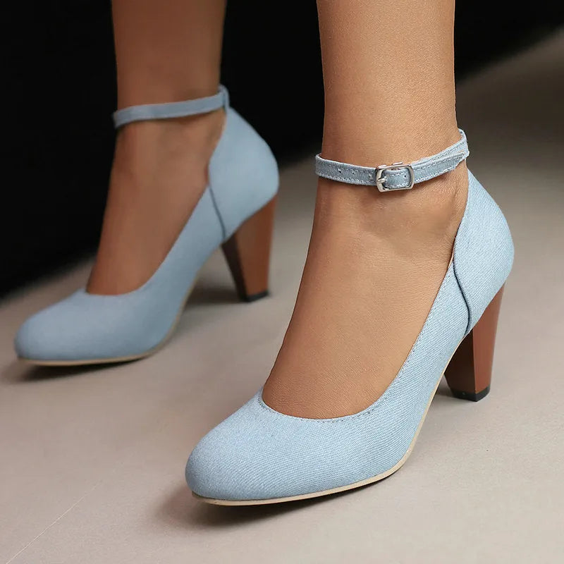 Women's blue denim platform heels with buckle closure and thick 6-8cm heel