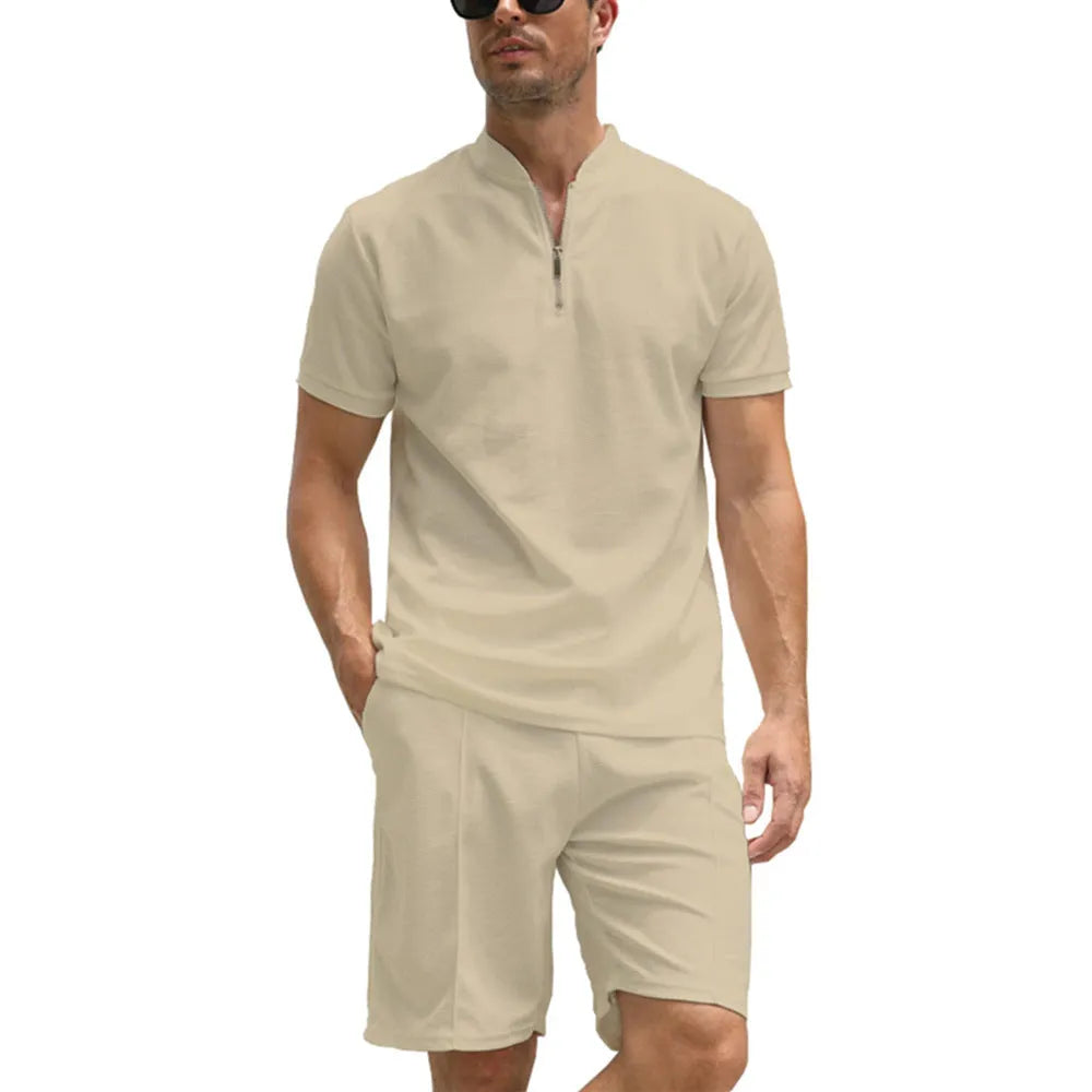 Men's solid colour polo shirt and shorts two-piece set in textured polyester fabric