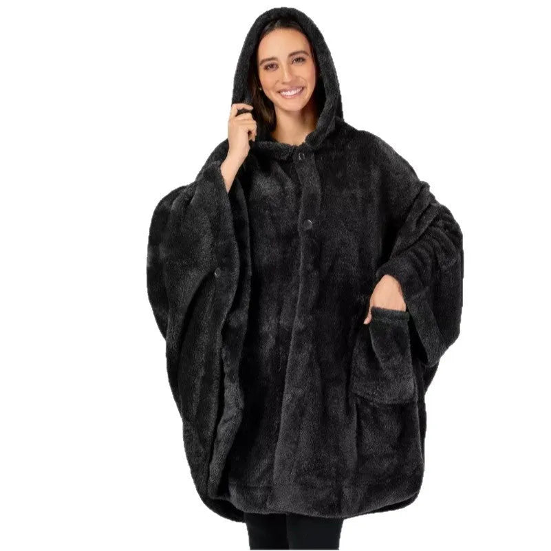 Thickened hooded bathrobe in solid colour, shown with long sleeves and cardigan front.