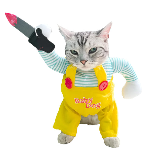 Yellow knife assassin costume for cat showing B02405 colour design and polyester construction