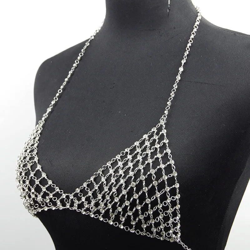 Gold leisure nightclub body chain artificial diamond chest necklace on display showing copper ball bead chain