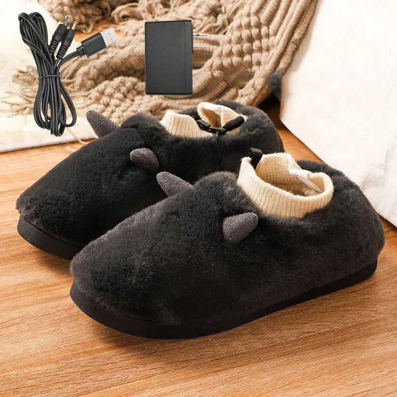 USB electric heating slippers in velvet, showing USB cable connection and adjustable temperature control.