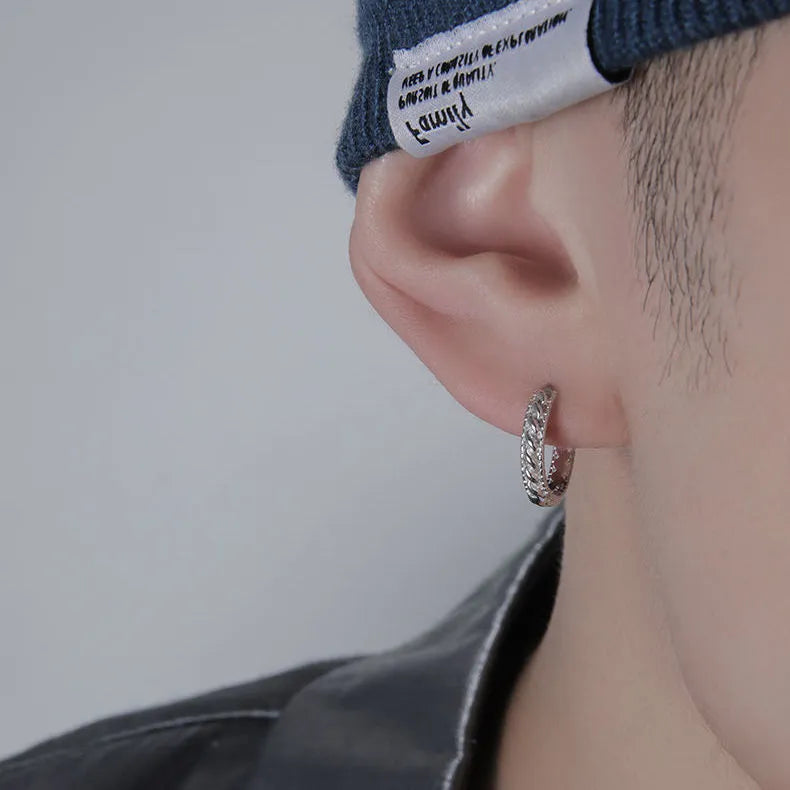 Men's silver-toned geometric copper earrings for hip hop style, shown in 10mm and 14mm sizes.