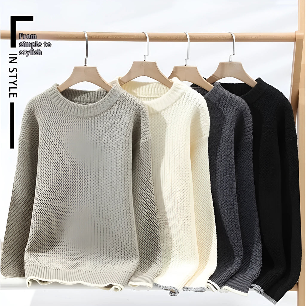 Men's grey loose-fit pullover sweater with round neck and long sleeves
