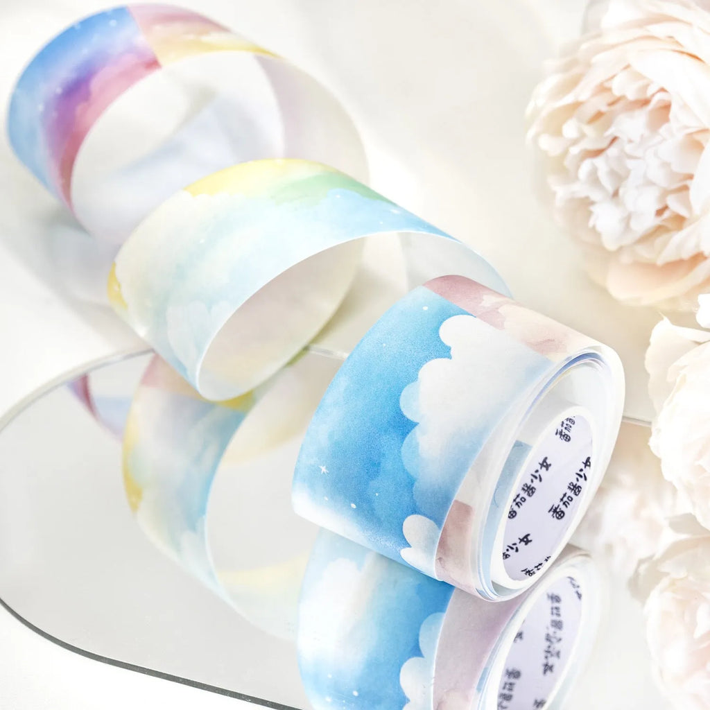 Roll of Japanese paper washi tape with sky theme patterns, showing 30mm width and 2m length.