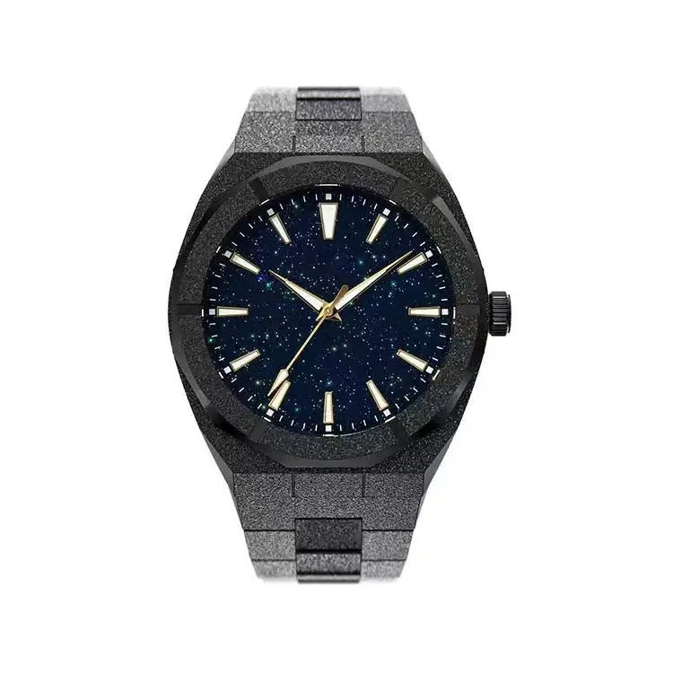 Men's stainless steel business watch with luminous markers and frosted finish